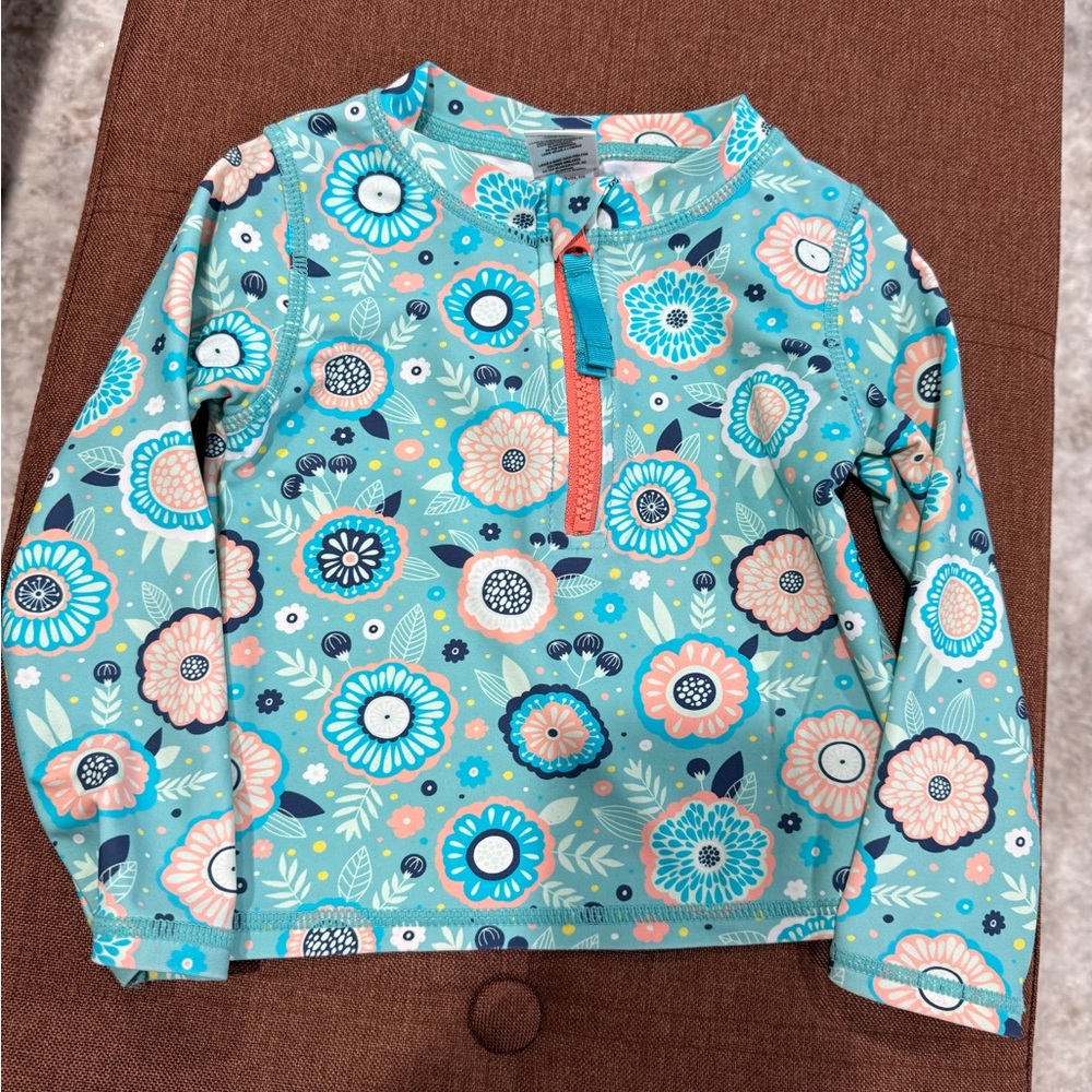 Ruffle Butts Floral Kids Swim Top - Blue and Pink, size 2T